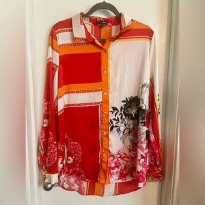 **LIKE NEW**Red/White/Pink Blouse FASHION NOVA-“Night After Work Satin Shirt”